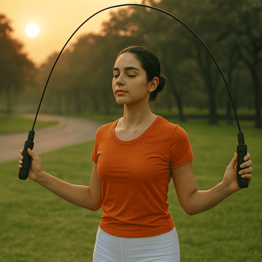 Indian girl skipping in a park at sunrise wearing an orange t shirt and using a black foam skipping rope