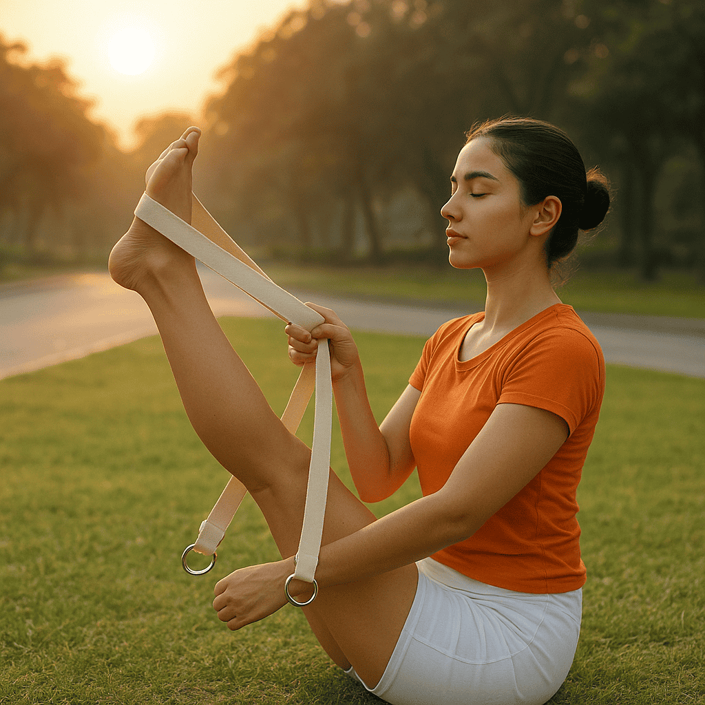 Indian girl stretching in a park at sunrise using an off white fitness strap while wearing an orange t shirt
