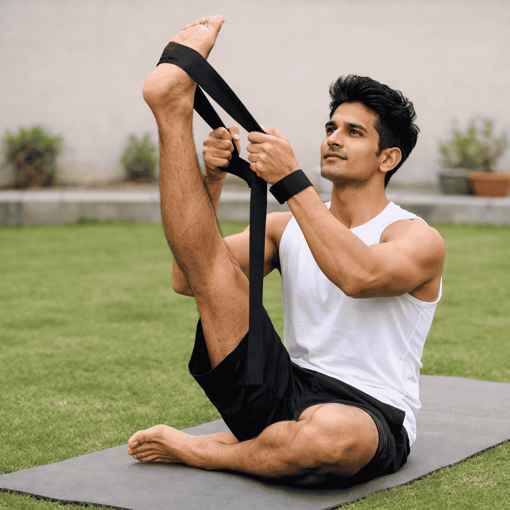 Guy stretching using a Yoga Strap