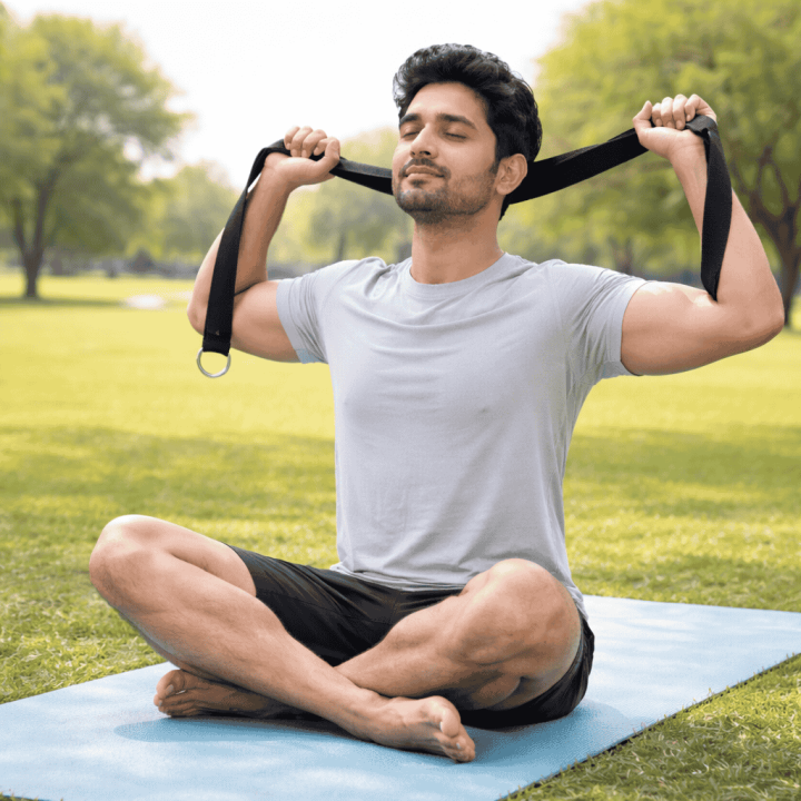 Man using black stretching strap for hamstring stretch and flexibility training